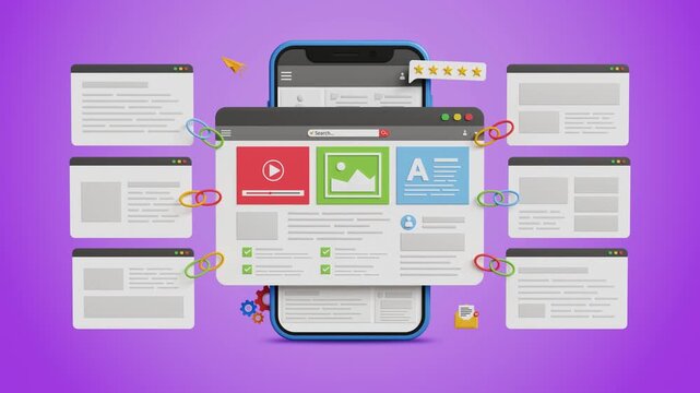 Link Building Strategy, Strong SEO Support, Better Domain Authority, High Search Ranking, Organic Traffic Growth, Quality Link Building. Mobile with web page, other backlink pages attached. 3D Video
