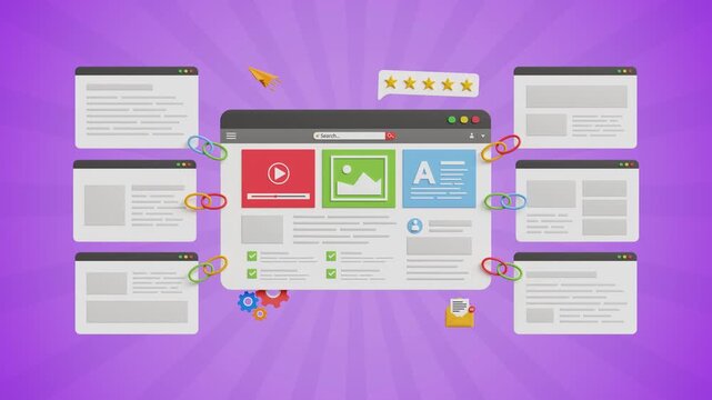 Link Building Strategy, Strong SEO Support, Better Domain Authority, High Search Ranking, Organic Traffic Growth, Quality Link Building. Web page with other backlink pages attached. 3D Video Animation