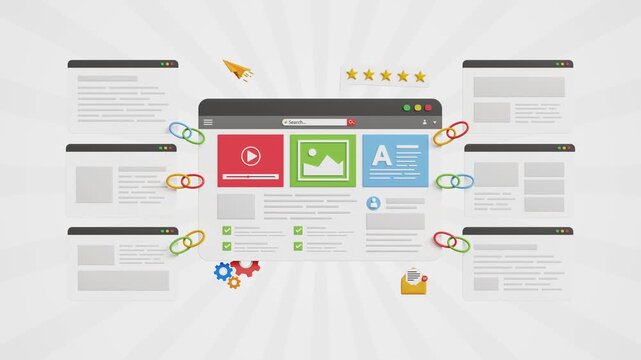 Content Backlink Strategy, SEO Growth, High Authority Links, Improved Rankings, Organic Traffic Boost, Off-page SEO concept. Web page with other backlink pages. 3D Video Animation