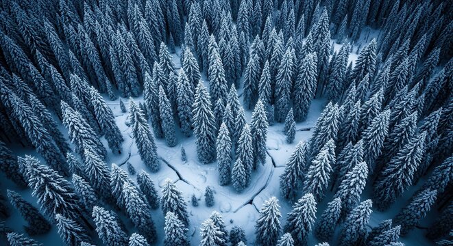 Aerial view of a dense forest covered in snow, showing the texture of pine trees from above in winter