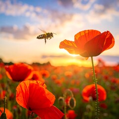 A vibrant field of red poppies bathed in the warm glow of the setting sun, with a bee hovering nearby