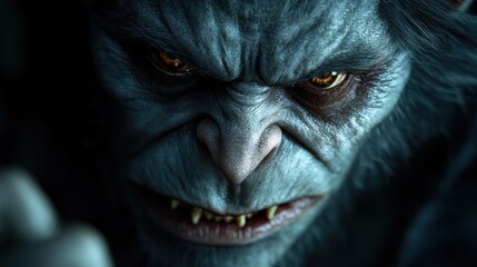A close-up view of a fierce, stylized creature with exaggerated features and intense, glowing eyes, suitable for fantasy art, gaming, or horror-themed projects