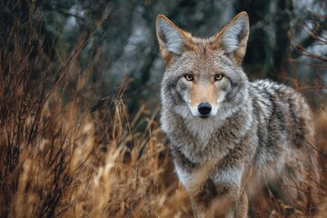 Obraz premium Coyote stands alert in the wild grass, showcasing its natural beauty and keen expression during the early morning light in a serene landscape