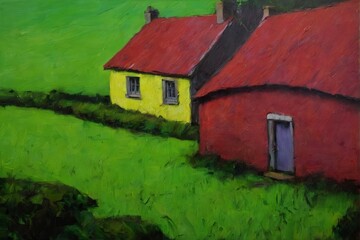 A vibrant, impressionist-style painting of a small green house with a bold red roof, set against an equally vivid lime-green background and surrounded by lush grassy terrain. The brushstrokes convey e