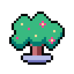 Obraz premium Miniature Tree Bonsai with Blooming Flowers, Pixel Art Icon, Isolated