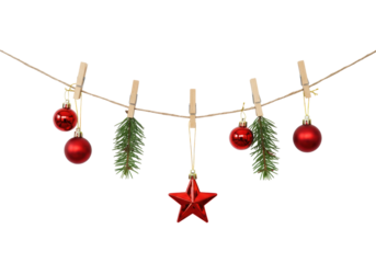 Christmas ornaments on a clothesline transparent background cutout png
