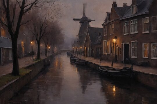 A serene, moody canal scene at dusk in a historic European town. Bare trees line the waterway, their reflections shimmering on the calm surface alongside warm glows from glowing windows of brick build