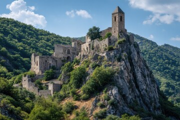 Fototapeta premium Ancient stone fortress stands proudly atop a rocky hillside in the scenic countryside, surrounded by lush greenery and a bright blue sky during the day