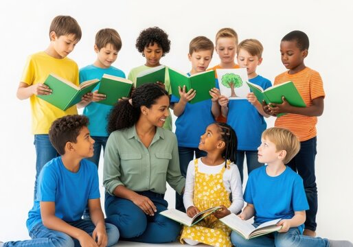 Diverse group of children and teacher reading books together