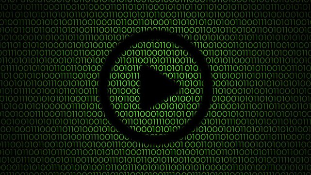 Animated design of orange binary code moving behind a multimedia play button