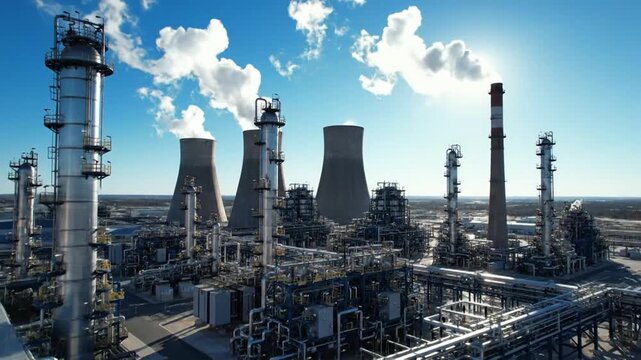 Industrial Oil Refinery with Smoking Chimneys and Cooling Towers Against a Bright Sky.