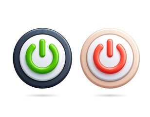 Two 3D-rendered power buttons green 'on' and red 'off' indications
