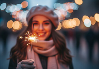 Young woman holding a sparkler at night with bokeh lights in the background