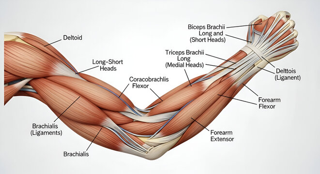 Arm Musculature Anatomy Illustration with Labeled Muscle Groups