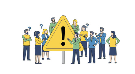 Diverse business team puzzled by urgent warning sign, seeking solutions and clarity amid confusion and critical challenges, driving innovation.