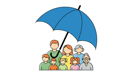 Diverse multi-generational family protected by a bright blue umbrella representing security, safety, and care