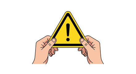 Hands holding prominent yellow warning sign with exclamation mark, signaling caution and urgent attention for safety alerts.