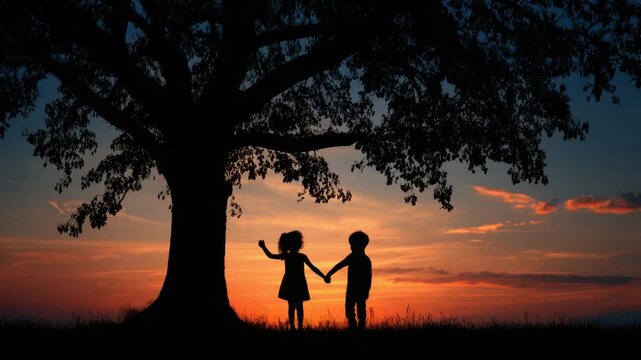 Silhouette of children holding hands under a large tree, with a colorful sunset backdrop