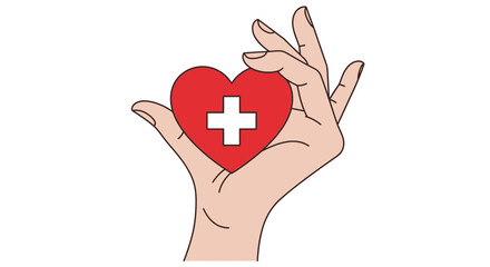 Caring hand gently holds red heart with white cross symbol, representing health and compassion, perfect for medical and charity themes