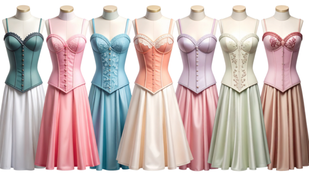 Elegant Multicolored Corsets Set for Fashion Lingerie, Isolated on Transparent Background PNG