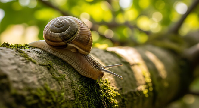 Tranquil snail gliding on mossy branch in sun-dappled forest, inspiring nature's slow beauty and resilience, perfect for eco-conscious brands and mindful content