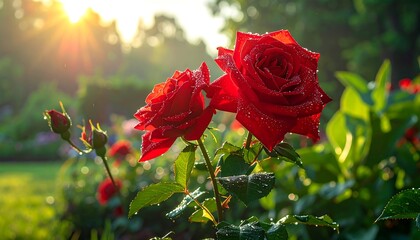 Two vibrant red roses in full bloom, kissed by morning sunlight