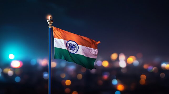 Vibrant India flag waving proudly against a sparkling cityscape at night, symbol of nation
