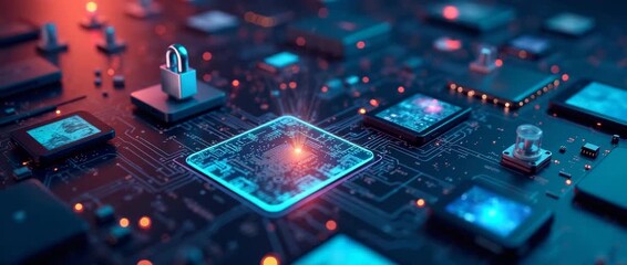 Futuristic cybersecurity technology concept with a glowing lock icon emerging from a digital circuit board, camera slowly panning over intricate electronic components, cinematic style. - Powered by Adobe