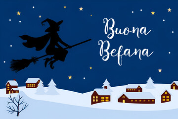 Flying witch over snowy village at night broom