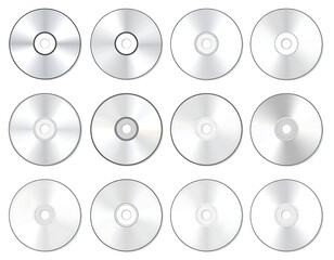 Twelve reflective, silver optical discs arranged in rows