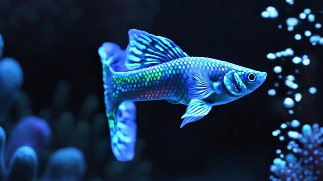 Vibrant blue fish swimming among aquatic plants in underwater habitat