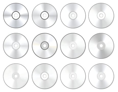Twelve reflective, silver optical discs arranged in rows