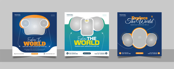 Travel tour agency promotion banner traveling business marketing social media post square flyer template set