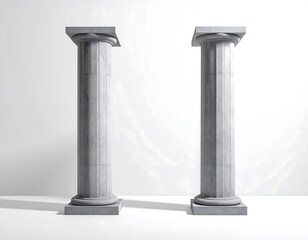 Two classical, fluted columns in monochrome, on white backdrop