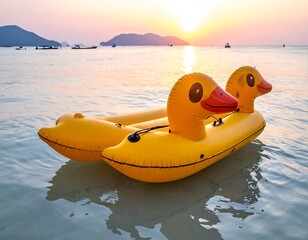 A vibrant sunset paints the sky as an inflatable duck-shaped raft floats in serene, shallow water, near the coastline