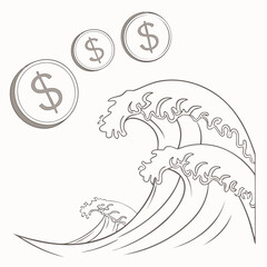 Stylized illustration of dollar coins floating above crashing ocean waves in a minimalist artistic style