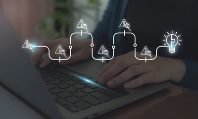 Critical Thinking Workflow and Problem Solving Process. Typing on a laptop with workflow icons...