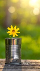 A vibrant yellow flower in a silver tin can sits on a weathered wooden surface, with a lush green bokeh background. Sunlight shines