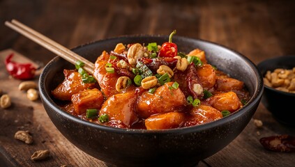Kung Pao Chicken, stir-fried chicken with peanuts, dried chilies, and vegetables, bold savory-sweet flavor and vibrant Chinese cuisine visuals