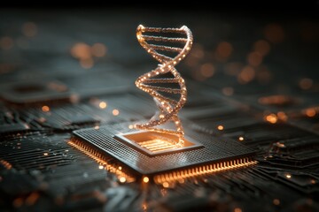 Futuristic digital DNA helix rises from microchip, showcasing advanced biotechnology in modern computing environments