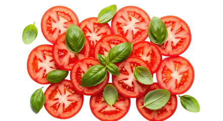 Fresh sliced tomatoes and basil leaves transparent background cutout png