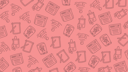 Pink Technology Doodle Pattern Background with WiFi Tablet and Smartphone Icons