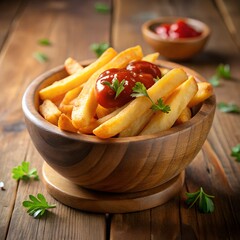 French Fries with Ketchup in Wooden Bowl – Cinematic Food Shot