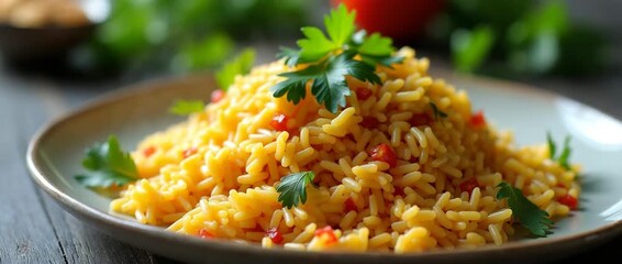 A vibrant plate of rice garnished with fresh herbs and vegetables, beautifully arranged for a balanced composition, featuring ample copy space for text.