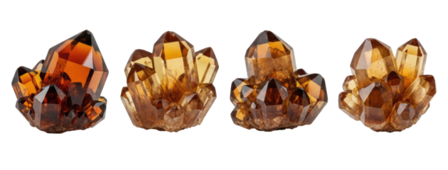 Four natural citrine crystal clusters transparent background cutout png
