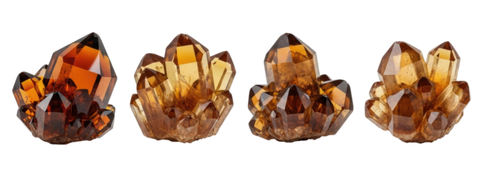 Four natural citrine crystal clusters transparent background cutout png