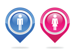 Glossy Man and Woman restroom toilet Symbol on Pointer Icon with Reflection Isolated