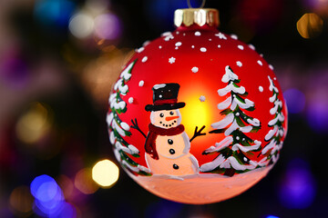 Red ornament snowman painted festive trees christmas