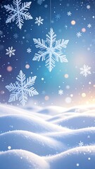 A whimsical winter scene with large, translucent snowflakes suspended over a snow-covered landscape with gentle, rolling hills. Bokeh lights add warmth