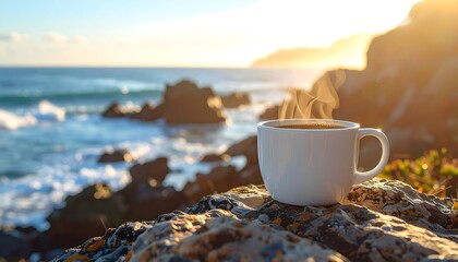 A white coffee cup sits atop a rocky outcrop, steam rising against the backdrop of ocean waves and a bright sunset